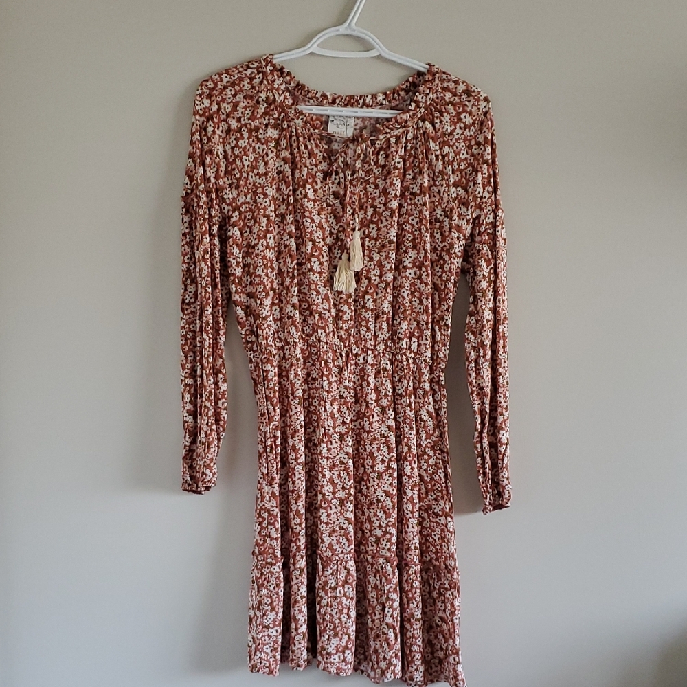 Naif Floral Long Baloon Sleeve Mini Dress Rust Floral Stretchy Waist Boho Sz S